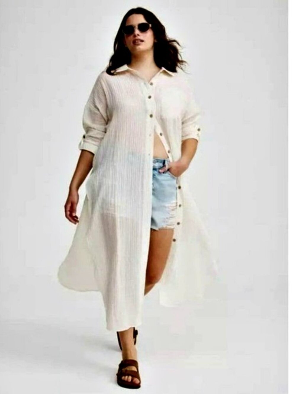 NEW! SHEER GAUZY BUTTON UP SHIRTDRESS COVER UP KIMONO